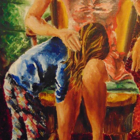 Original Oil Painting on Canvas, Little Girl & Teacher, Wood Frame, 26.3 x 22.3 - Picture 4 of 5